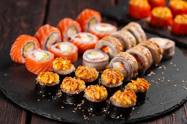 Rolls Set Fish Shrimp Caviar Sushi Chopsticks Asian Food Japanese — Stok fotoğraf