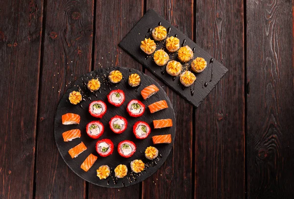 Rolls Set Fish Shrimp Caviar Sushi Chopsticks Asian Food Japanese — Stok fotoğraf
