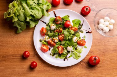 Plate of Healthy Classic Caprese Salad with Mozzarella Cheese, Tomatoes and Basil