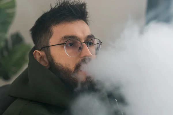 Bearded Man Smoking Hookah Home Blowing Cloud Smoke Chill Time — Stock Photo, Image