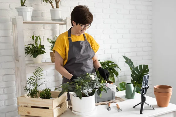 Female blogger sits in front of smartphone camera on tripod records instructional tutorial video for her blog shoots process of replanting flowers and green plants