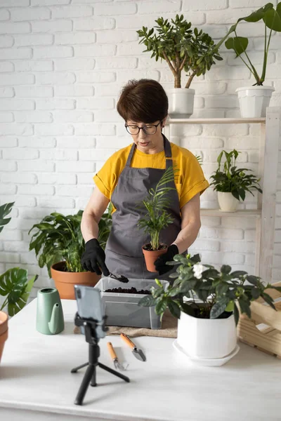 Relaxing Home Gardening Smiling Middle Aged Woman Black Gloves Potted — Fotografia de Stock