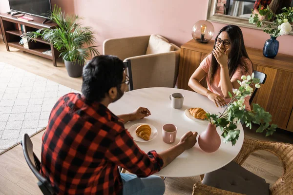 Happy Couple Eating Breakfast Talking Dining Table Morning Indian Girl — Stockfoto