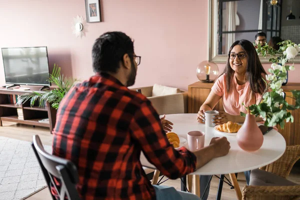 Happy Couple Eating Breakfast Talking Dining Table Morning Indian Girl — Stockfoto