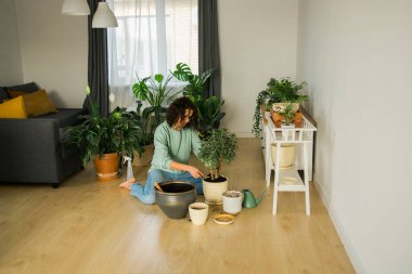 Spring hobby happy young woman transplanting in flower pot houseplant with dirt or soil at home. Gardening plant and green tropical