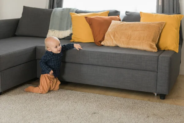 Caucasian baby newborn infant making first steps. Cute toddler kid child son boy learning walking creeping on living room. Childcare and childhood
