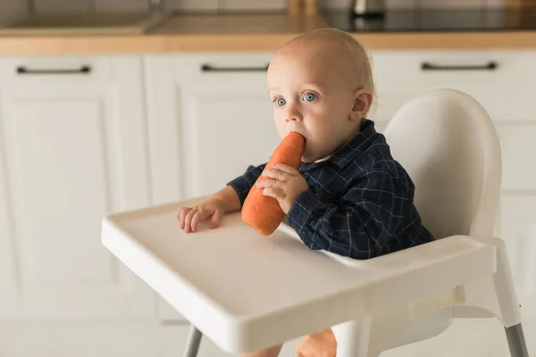 Feliz Bebê Sentado Cadeira Alta Comendo Cenoura Cozinha Nutrição Saudável — Fotografia de Stock
