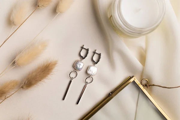 Elegant jewelry set of silver earrings with gem. Jewelry set minimalist style. Handmade bijouterie