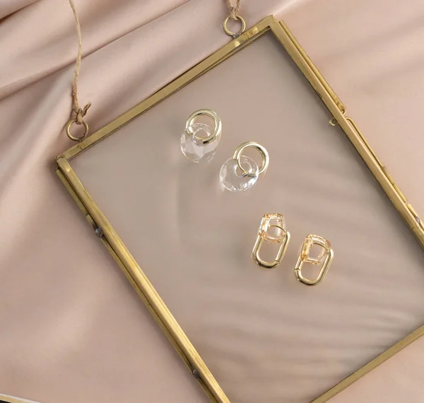 Elegant Jewelry Set Gold Earrings Dried Flower Background Jewelry Set — Stock Photo, Image