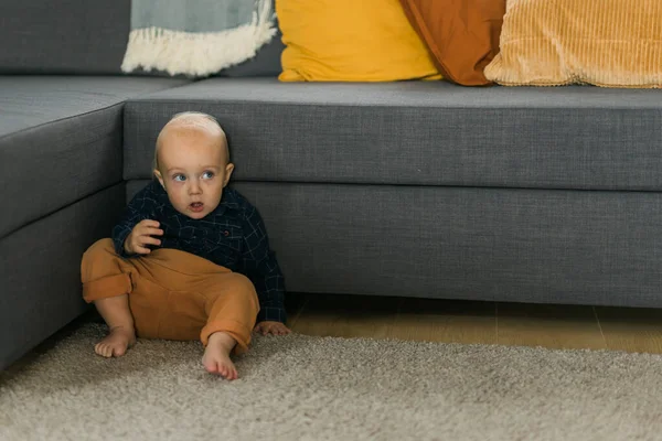 Frustrated Offended Girl Child Hiding Sofa Concept Child Abandonment Feelings — Stock Photo, Image