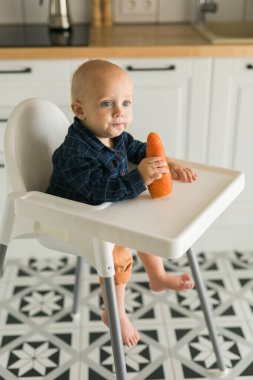 Mutlu bebek yüksek sandalyede oturup mutfakta havuç yiyor. Çocuklar için sağlıklı beslenme. Bebekler için ilk katı yiyecek olarak biyohavuç. Çocuklar sebze yer. Küçük çocuk çiğ sebze yiyor.