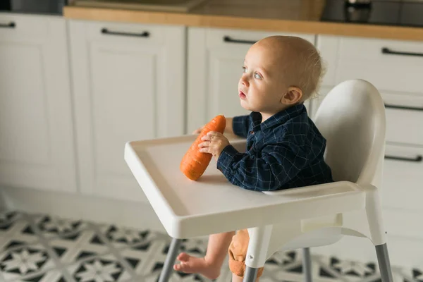 Little Boy Blue Shirt Sitting Childs Chair Eating Carrot Baby — Fotografia de Stock