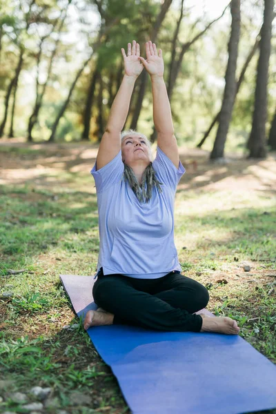 Gammal Gammal Kvinna Utövar Yoga Och Tai Chi Utomhus Vid — Stockfoto