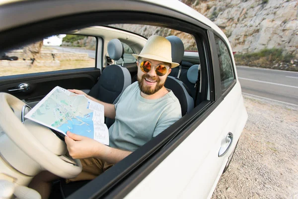 Hipster Man Looking Location Navigation Map Car Tourist Traveler Driving — Stock Photo, Image