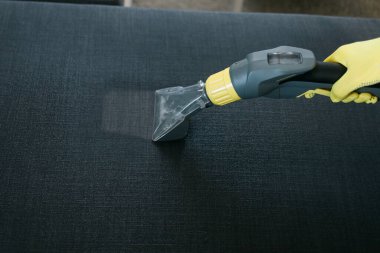 Man dry cleaners employee hand in protective rubber glove cleaning sofa with professionally extraction method. Early spring regular cleanup. Commercial cleaning company