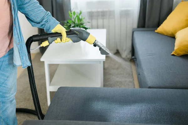 Cleaning Service Company Employee Removing Dirt Furniture Flat Professional Equipment — Stock Photo, Image