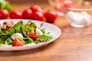 Plate of Healthy Classic Caprese Salad with Mozzarella Cheese, Tomatoes and Basil