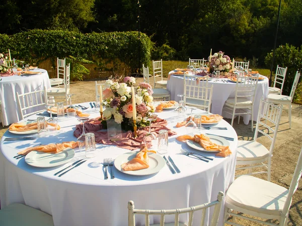 Bruiloft Feestzaal Stoelen Ronde Tafel Voor Gasten Geserveerd Met Bloemen — Stockfoto
