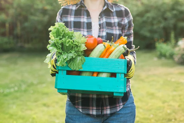 Farmer Woman Holding Wooden Box Full Fresh Raw Vegetables Basket — ストック写真