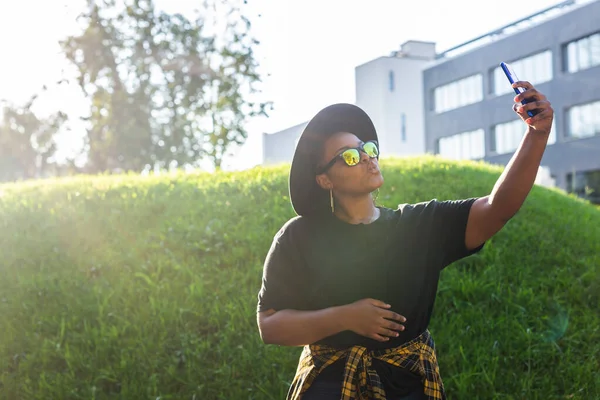 stock image Cheerful young woman taking selfie - millennial and generation z concept