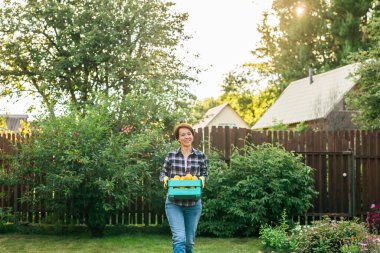 Organic female farmer holding box full of fresh produce on her farm. Happy young woman smiling at camera while standing in her vegetable garden. Successful farmer harvesting vegetables