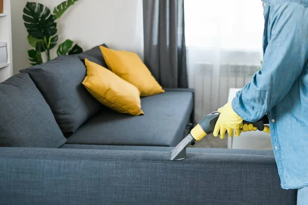 Cleaning Service Company Employee Removing Dirt Furniture Flat Professional Equipment — Stock Photo, Image