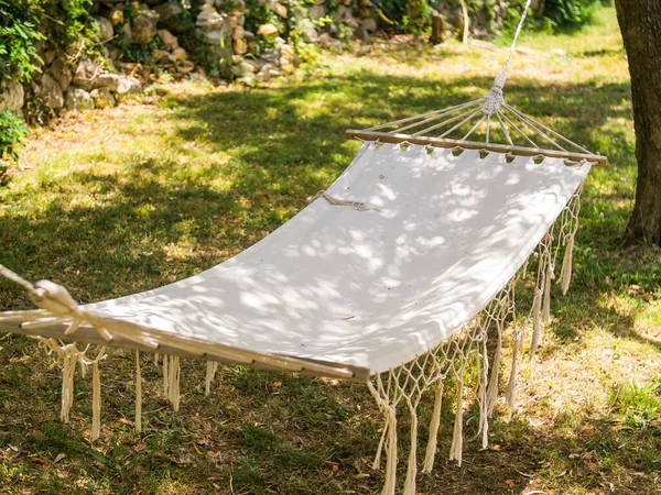 Summer garden with hanging hammock for relaxation - cottagecore and village