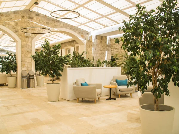 Lüks Otel Lobisi Cam Tavanlı Mobilyalar Büyük Saksı Bitkileri Tatil — Stok fotoğraf