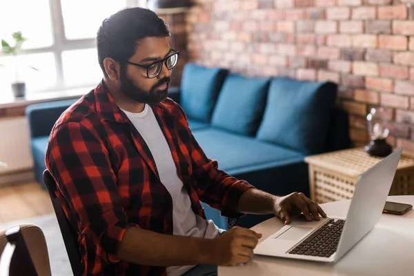 Happy Indian Man Freelancer Entrepreneur Have Video Conference Talking Working — Foto de Stock