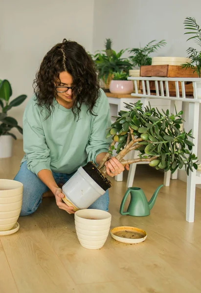 Woman Grows Potted Plants Home Watering Take Care Flowers Gardening — 图库照片