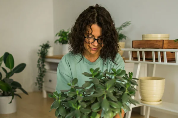 Femme Cultive Des Plantes Pot Arrosage Maison Prendre Soin Des — Photo