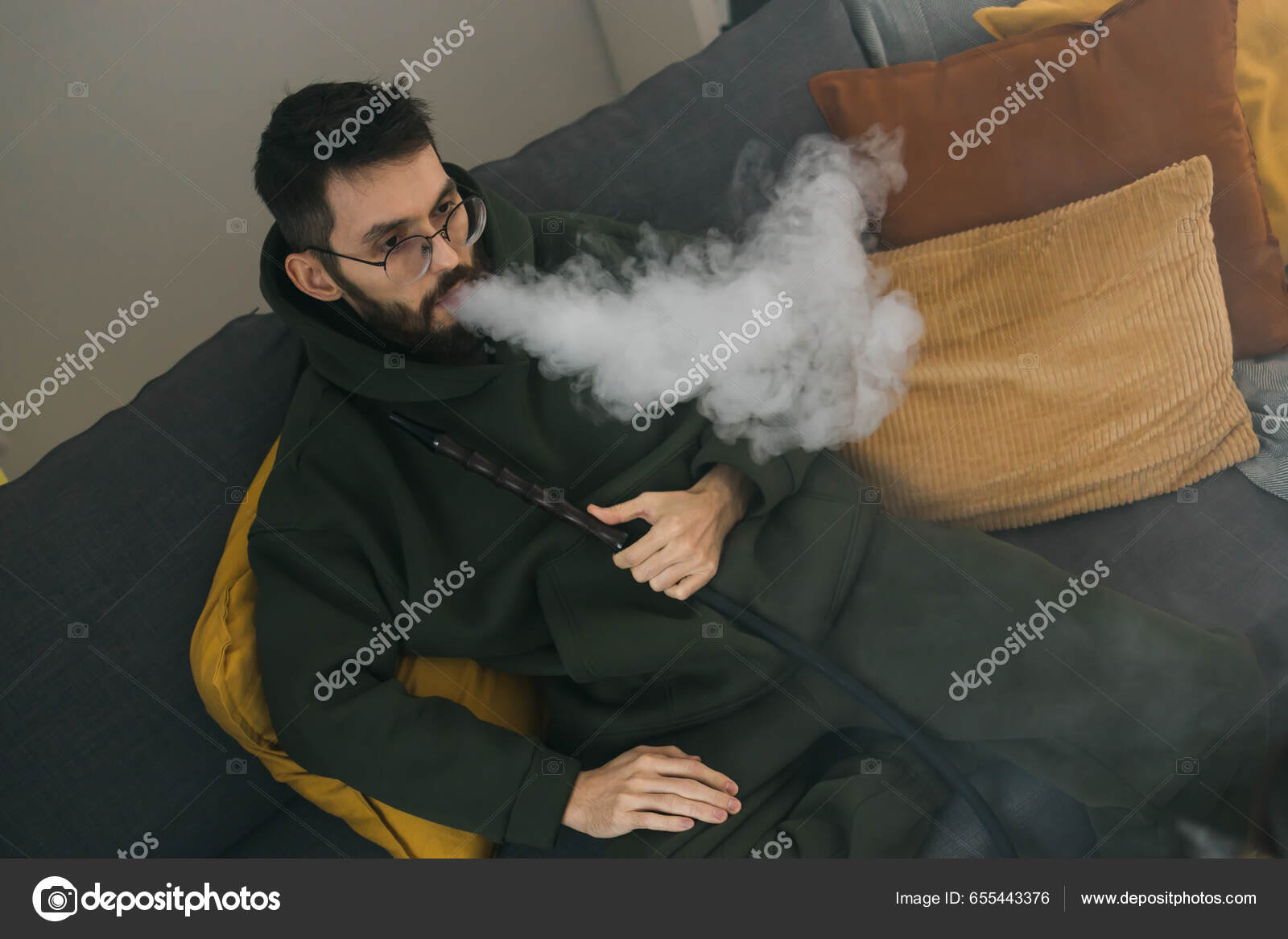 Bearded Millennial Gen Man Smoking Hookah While Relaxing Sofa Home — Stock  Photo © Satura_ #655443376, image size:1600x1167