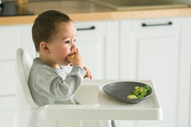 Bebek çocuk bebek koltuğunda oturup mutfak arka planında havuç yiyor - bebek besleniyor