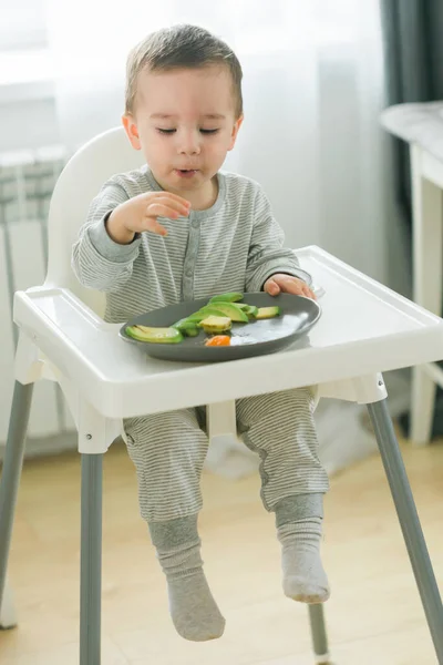 stock image Happy baby sitting in high chair eating carrot in kitchen. Healthy nutrition for kids. Bio carrot as first solid food for infant. Children eat vegetables. Little boy biting raw vegetable