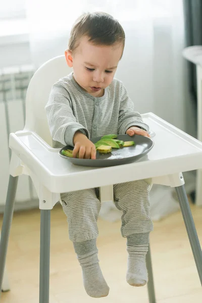 stock image Happy baby sitting in high chair eating carrot in kitchen. Healthy nutrition for kids. Bio carrot as first solid food for infant. Children eat vegetables. Little boy biting raw vegetable