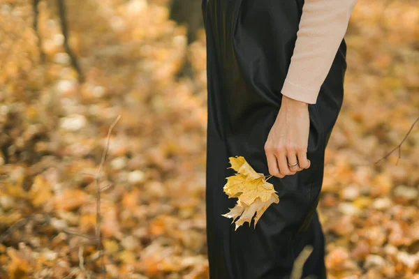 Žena Drží Žlutou Kytici Suchého Podzimního Listu Zblízka Ruce Podzimním — Stock fotografie