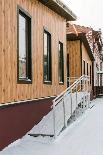 Edificio Casas Temporada Invierno Nieve Ciudad Concepto Arquitectura Ciudad —  Fotos de Stock