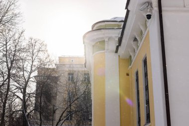 Bej rengi antika cephelerde sıva süsleriyle süslenmiş zarif klasik pencereler. Klasik mimari.