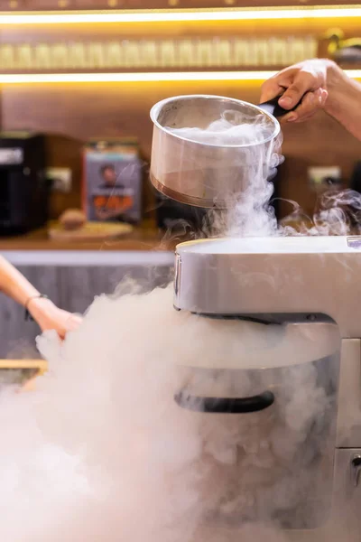 smoke vapor dry ice in bowl in the kitchen