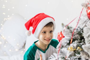 Evdeki Noel ağacının yanında gülümseyen ve gülen neşeli çocuğun portresi. Aileler ve çocuklar, kış tatilini kutlayan alfa nesli..