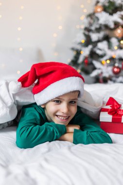 Güzel çocuk Noel için süslü evde oynuyor, tatilin tadını çıkarıyor. Alfa Jenerasyonu ve Alfa Geni.