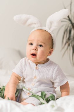 Tavşan kulaklı, evde beyaz bir yatak üzerinde laleleri olan sevimli, komik bir bebek. Paskalya tebrik kartı.