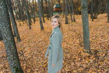 Zarif gri montlu sarışın kadın güneşli sonbahar parkında yürüyor. Z ve Z jenerasyonu gençlik kavramı