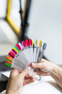 Tırnak boyası örnekleri koleksiyonu. Farklı renkte ve jöleli tırnak boyası paleti. Tırnak cilası örnekleriyle şeffaf ipuçları. Renk gölgelerinin hayran şekilli paleti