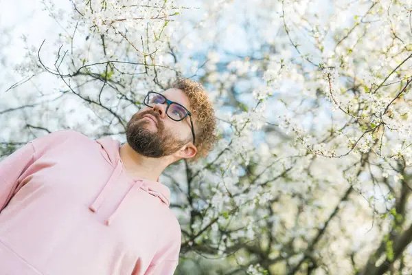 Knappe Man Buiten Portret Achtergrond Kersenbloesems Appelbloesems Blauwe Lentehemel Millennial Stockfoto