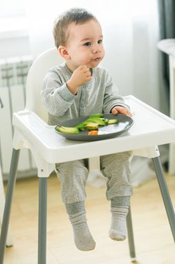 Mutlu bebek yüksek sandalyede oturup mutfakta havuç yiyor. Çocuklar için sağlıklı beslenme. Bebekler için ilk katı yiyecek olarak biyohavuç. Çocuklar sebze yer. Küçük çocuk çiğ sebze yiyor.