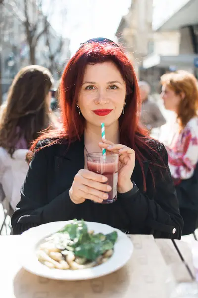 Beautiful Happy Woman Long Red Hair Enjoying Cocktail Street Cafe Stock Kép