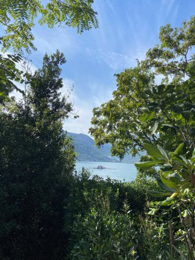 Bereketli yeşilliğin içinden bakınca parlak mavi gökyüzünün altında sakin bir göl ve uzak bir tekne görünüyor. Doğanın güzelliği, huzurlu ve rahatlatıcı bir atmosfer yaratıyor..