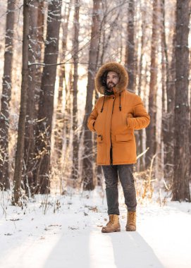 İnsan kış ormanlarında karlı yolda yürüyor. Farkındalık, mevsimsel değişim ve barışçıl bir açık hava anında doğayla uyum. Boşluğu kopyala.