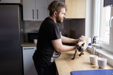 Adam sabah rutini sırasında mutfak tezgahında kediyle etkileşime girmiş. Ev hayatı, evcil hayvan bakımı ve günlük hayatın sakin atmosferi..